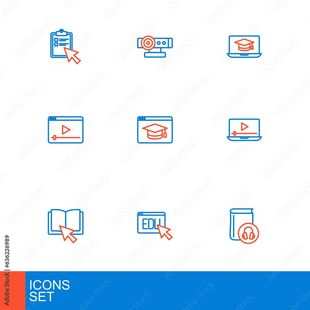 Set line Audio book, Online education, play video, Graduation cap laptop and Web camera icon. Vector