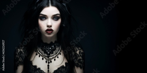 Fashion art dark beauty portrait of a gothic girl with pale skin and red lips