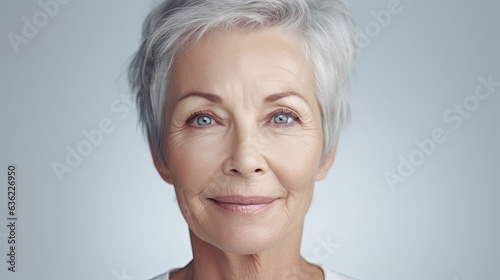 closeup portrait of a an elderly woman with a studio background - mockup template for skincare/beauty products/ads (generative AI)