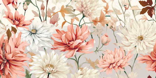 Flower and plant. Floral classic seamless print in shabby chic style. Flowers vector illustration: peony, rose, aster, leaves and plants for background, pattern and wallpaper
