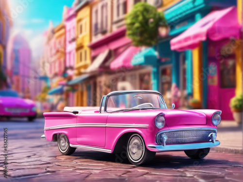 Pink retro car on vintage street background © magr80