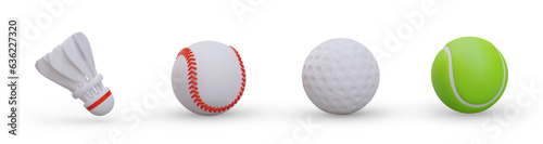 Set of 3D balls. Ball for baseball, golf, tennis, shuttlecock for badminton. Color isolated image on white background. Vector icons. Illustrations with shadows. Sports accessories for team, pair play