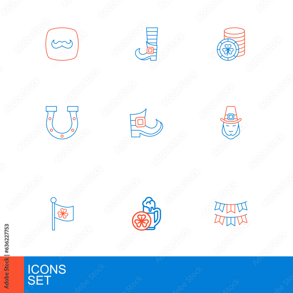 Set line Carnival garland with flags, Glass of beer, Ireland clover, Leprechaun, Horseshoe, boot, Golden leprechaun coin and icon. Vector