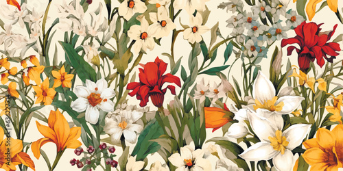 Vintage vector abstract flowers print. Vector illustration of flowers, daffodil, narcissus, tulip, frame, wild flowers, plants and leaves, Modern seamless pattern. Fashionable template for design