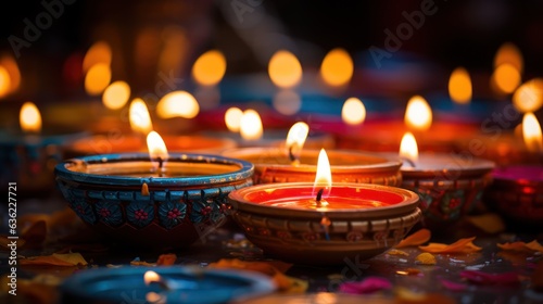 Diwali festival, colorful diya candles with flower petals