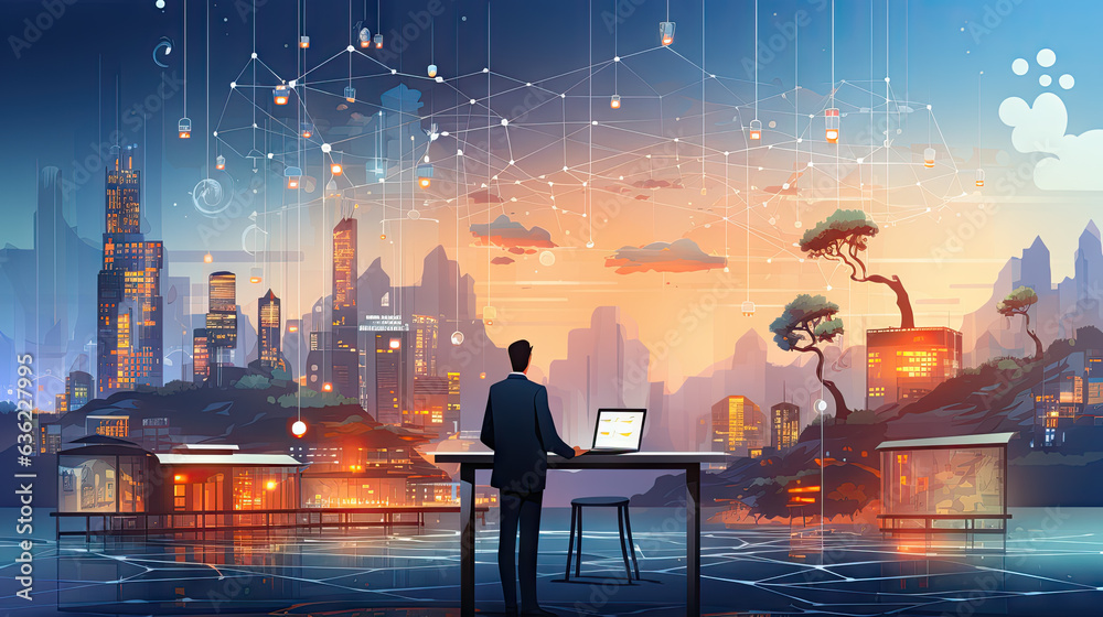 An image of a businessman connecting data on a network, symbolizing the integration of AI and business data. Created with Generative AI