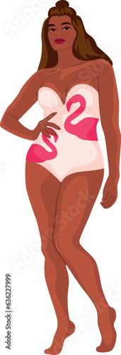 Body positive female model in a swimming suite. African woman posing in trendy beach attire.
