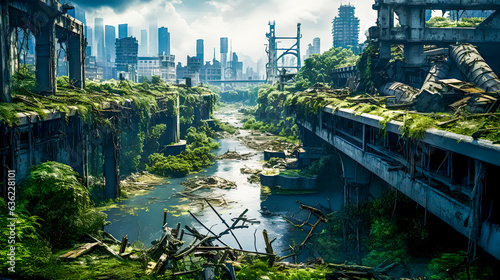 A ruined and abandoned post-apocalypse city with destroyed emergency houses and covered with forest and green plants.