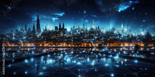A dark blue cityscape background with a network of interconnected innovation icons representing technological advancements. Created with Generative AI