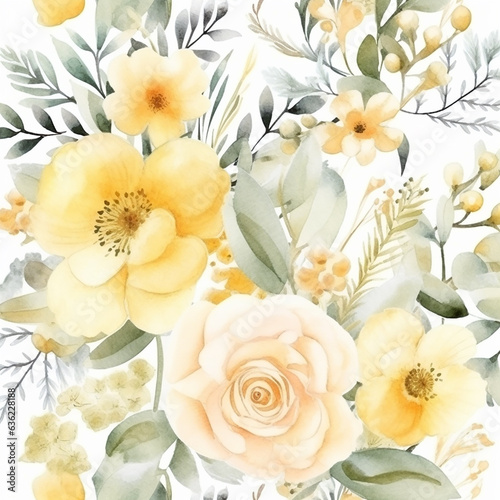 Illustration of yellow flowers watercolor seamless patterns, generative ai