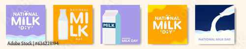 National Milk Day Greeting Card Poster Designs. Colorful and simple milk day concept. Milk bottle and carton. Vector Illustration. EPS 10.
