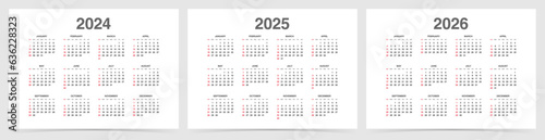 Simple design annual calendar, 2024/2025/2026 set, Horizontal layout