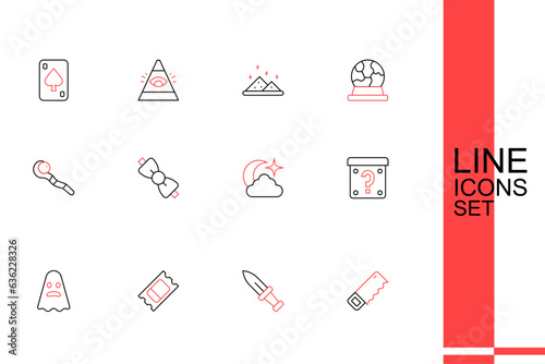 Set line Hand saw, Dagger, Circus ticket, Ghost, Mystery box, Moon stars, Bow tie and Magic staff icon. Vector