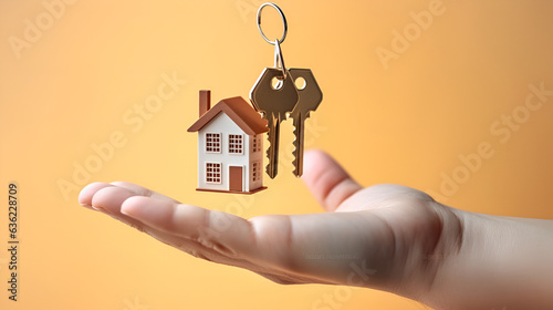Hand with keys to the new house. Mortgage, investment, rent, real estate, property concept. Generative AI