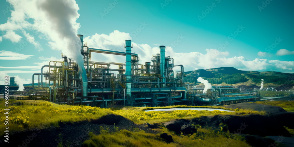 geothermal power plant extracting heat from beneath the Earth's surface for clean and sustainable energy production. Generative Ai - obrazy, fototapety, plakaty 