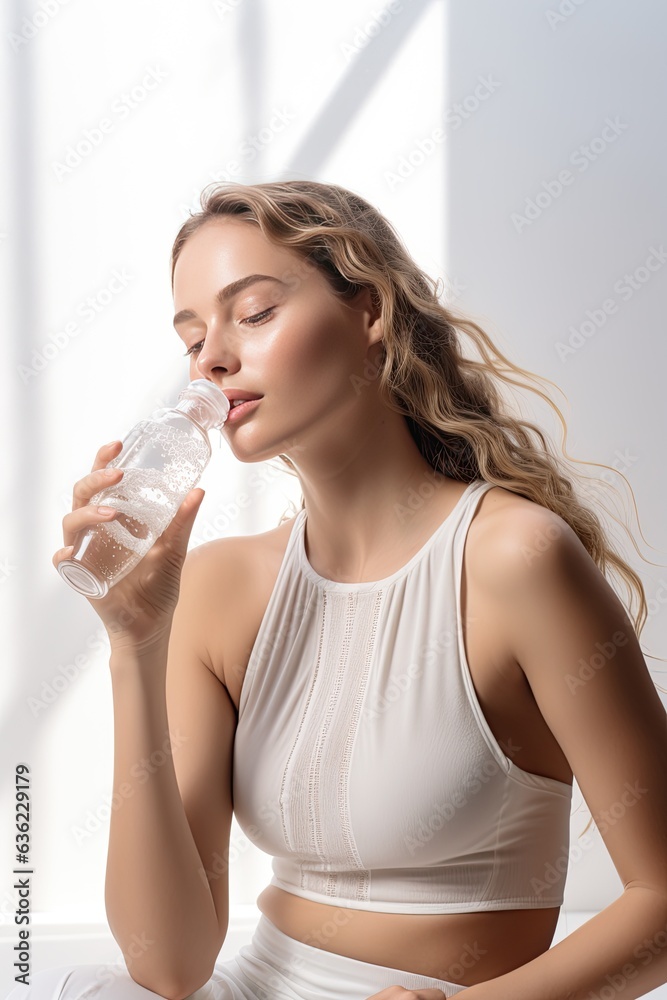 model gracefully drinking water from a water bottle. Generated with AI model gracefully drinking water from a water bottle. Generated with AI