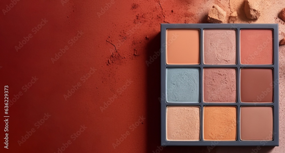 Fototapeta premium Eye shadow palette on terracotta background with copy space. AI generated digital design. 