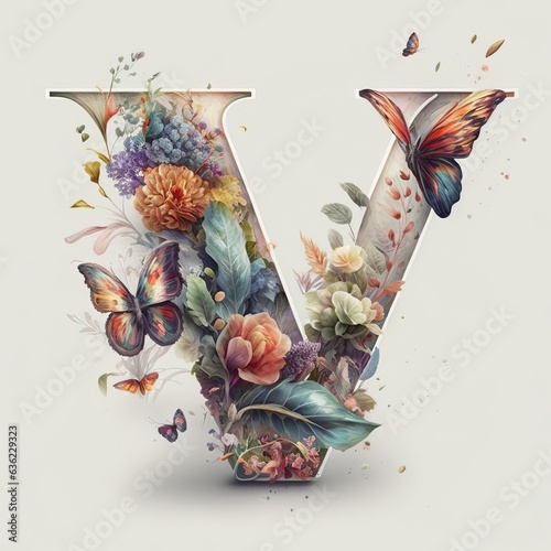 V letter flower, watercolor style Generative AI