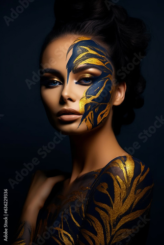 Woman with gold paint on her face and face paint on her face.