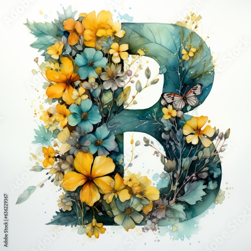 B letter flower, watercolor style Generative AI