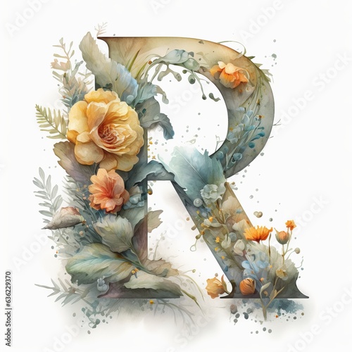 r letter flower, watercolor style Generative AI