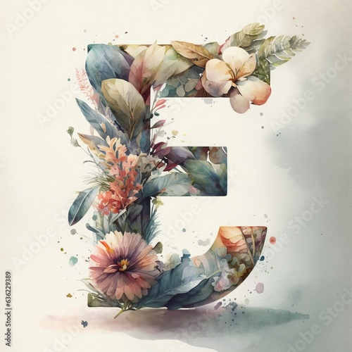 e letter flower, watercolor style Generative AI