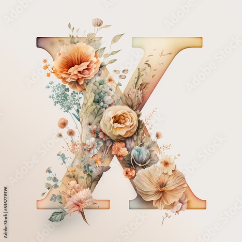 x letter flower, watercolor style Generative AI