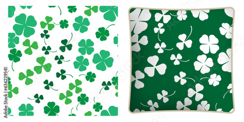 Square decorative pillow, bedroom accessory decorated three and four leaf clover seamless patterns. Clover leaf floral ornament. Vector ornament for design of posters and printing on textile