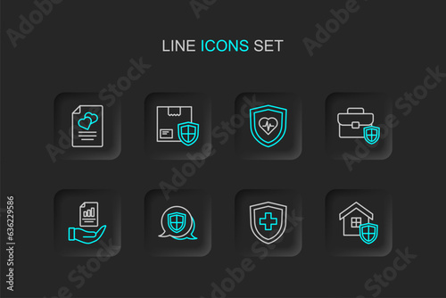 Set line House with shield, Life insurance, Shield, Contract hand, Briefcase, Delivery security and Marriage contract icon. Vector