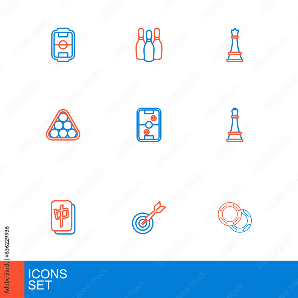 Set line Casino chips, Classic dart board and arrow, Mahjong pieces, Chess, Billiard balls triangle, Air hockey table, and Bowling pin icon. Vector Set line Casino chips, Classic dart board and arrow, Mahjong pieces, Chess, Billiard balls triangle, Air hockey table, and Bowling pin icon. Vector