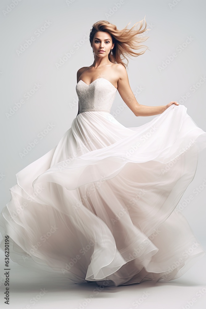 bride in a wedding gown, standing elegantly,emphasizing the wedding dress's beauty and the model's poise.Generated with AI