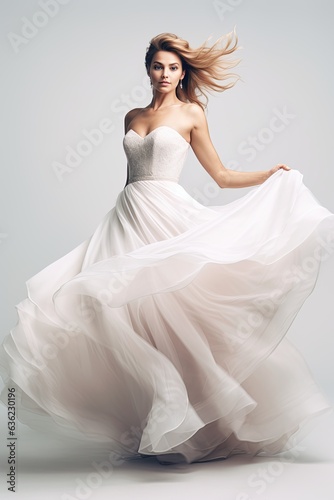 bride in a wedding gown, standing elegantly,emphasizing the wedding dress's beauty and the model's poise.Generated with AI