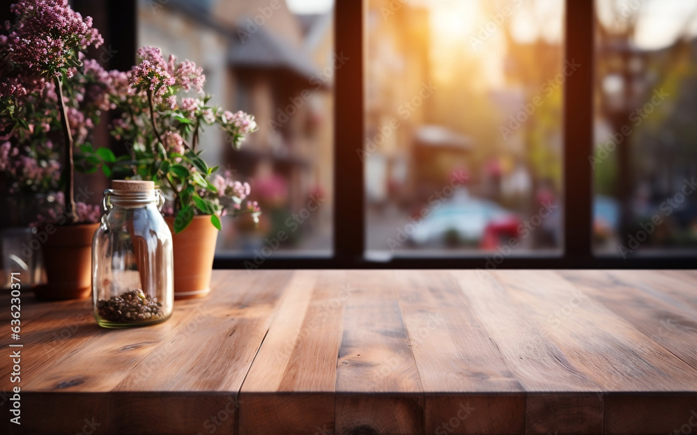 Fototapeta premium Empty table with blurred kitchen background. AI Generate Images
