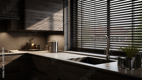 Stylish modern interior. Venetian black blinds in the kitchen created with Generative AI technology