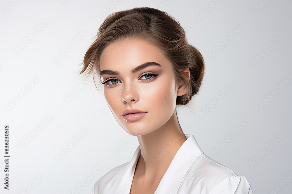 model in a white studio backdrop, applying eye shadow with elegance. Generated with AI model in a white studio backdrop, applying eye shadow with elegance. Generated with AI