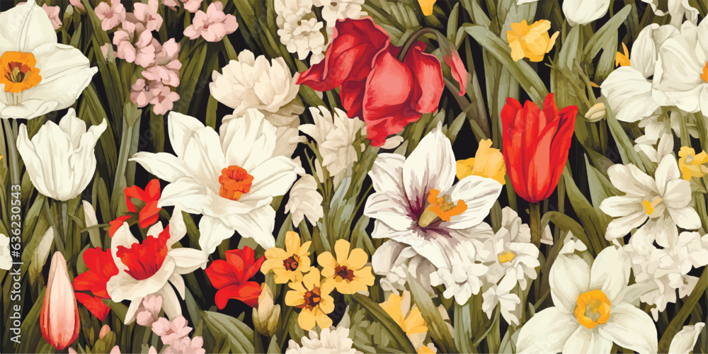 Vintage vector abstract flowers print. Vector illustration of flowers, daffodil, narcissus, tulip, frame, wild flowers, plants and leaves, Modern seamless pattern. Fashionable template for design - obrazy, fototapety, plakaty 