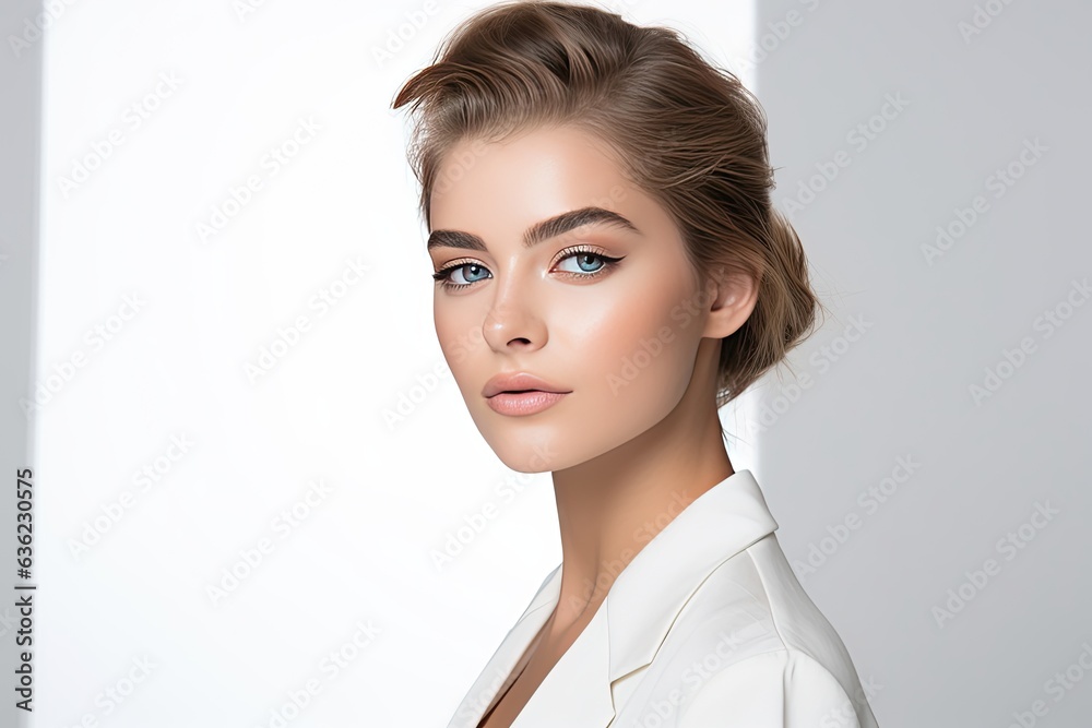model in a white studio backdrop, applying eye shadow with elegance. Generated with AI model in a white studio backdrop, applying eye shadow with elegance. Generated with AI