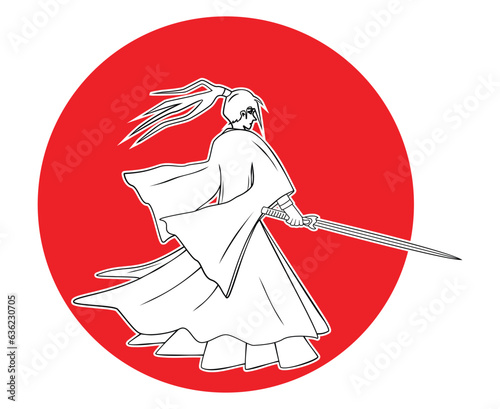 smart Chinese or Japanese swordsman dress in ancient traditional clothing dress holding sword background with red circle drawing in cartoon vector