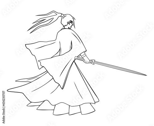 Line art of smart Chinese or Japanese swordsman dress in ancient traditional clothing dress holding sword drawing in black and white cartoon vector