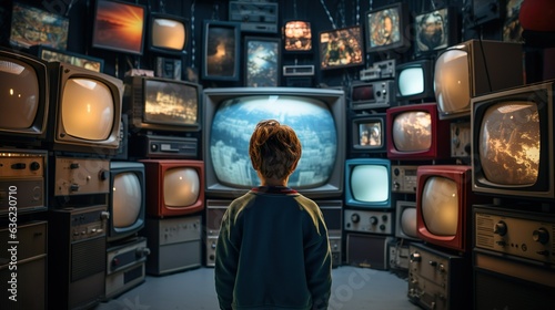 Boy in front of vintage tvs made with Ai generative technology