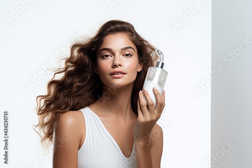 Beauty model holds bottle of shampoo or conditioner on white background.Generated with AI