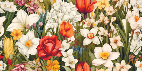 Vintage vector abstract flowers print. Vector illustration of flowers, daffodil, narcissus, tulip, frame, wild flowers, plants and leaves, Modern seamless pattern. Fashionable template for design