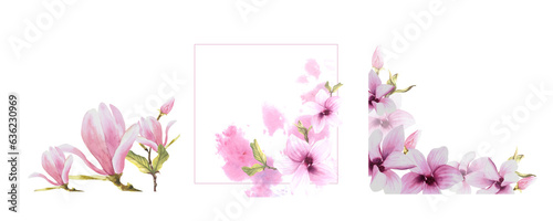 Fototapeta Naklejka Na Ścianę i Meble -   Floral frame kit with watercolor pink magnolias bough flowers, buds and leaves Hand painted illustration white background isolated with aquarelle stains. Design for wedding invitations greeting cards
