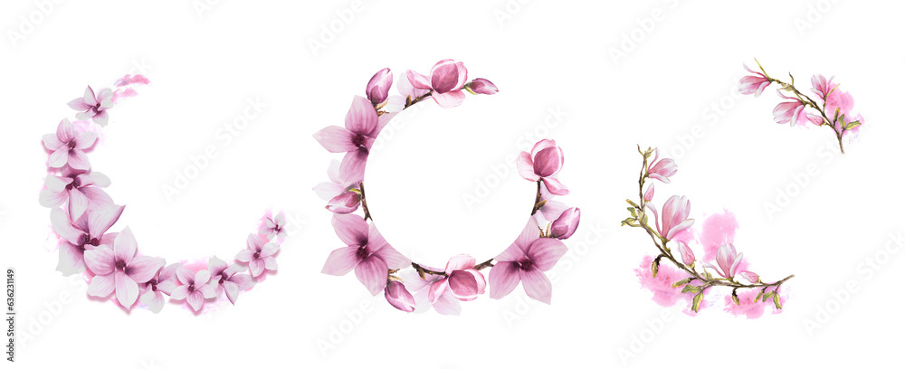 Three floral round frame with watercolor pink magnolias flowers, bough, leaves and buds kit. Hand painted illustration on white background. Botanical set for wedding, invitations and greeting cards