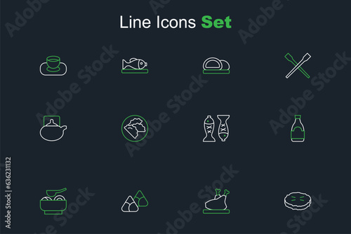 Set line Homemade pie, Roasted turkey or chicken, Zongzi in bamboo steamer, Ramen soup bowl, Soy sauce bottle, Served fish plate, Dumpling and Traditional ceremony icon. Vector