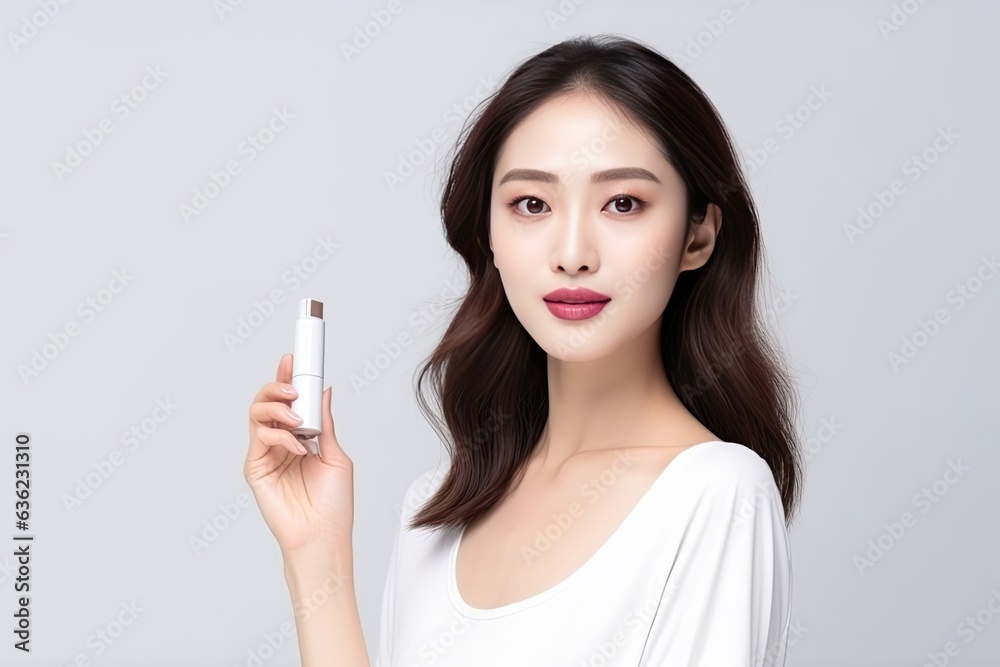 model in a white studio backdrop, holding a lipstick. Showcase the vibrant colors of the lipstick, contrasting with the clean,Generated with AI model in a white studio backdrop, holding a lipstick. Showcase the vibrant colors of the lipstick, contrasting with the clean,Generated with AI