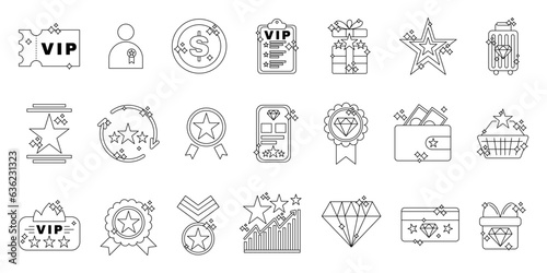 Exclusive benefits icon collection. VIP ticket, diamond and crown, premium quality, coin token icons set