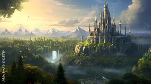 Castle Mountain with Fantasy landscape Realistic and Futuristic Style. Video Game's Digital CG Artwork, Concept Illustration, Realistic Cartoon Style Scene Design