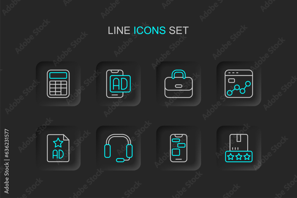 Set line Consumer product rating, Mobile 24 hours support, Headphones, Advertising, Market analysis, Briefcase, and Calculator icon. Vector Set line Consumer product rating, Mobile 24 hours support, Headphones, Advertising, Market analysis, Briefcase, and Calculator icon. Vector