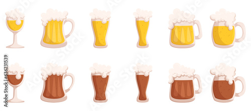 Vector illustration of a variety of beer mugs showcasing different types of beer. Hand drawn cartoon illustration.